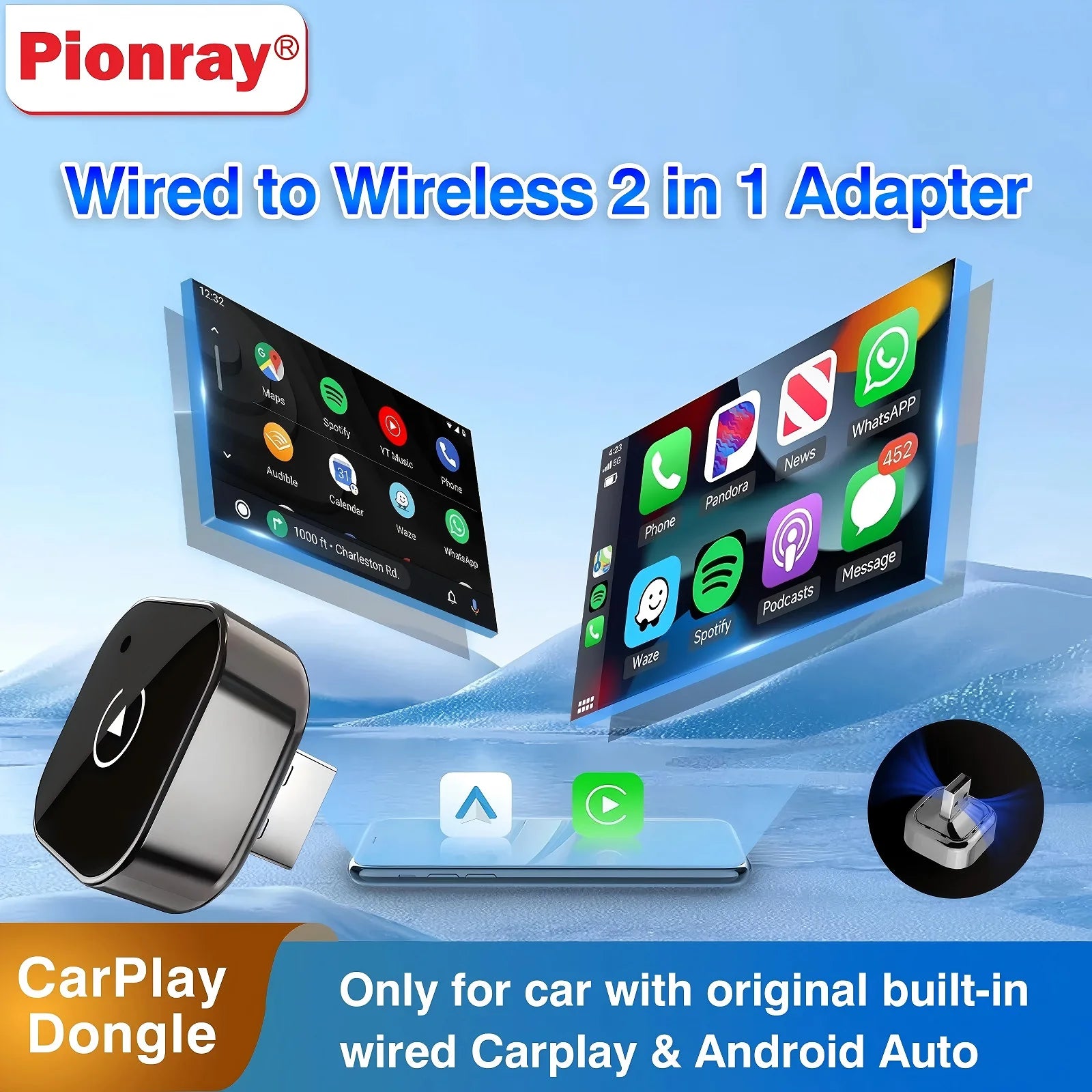 Wireless CarPlay + Android Auto USB Adapter 2-in-1 متوافق مع iPhone و Android