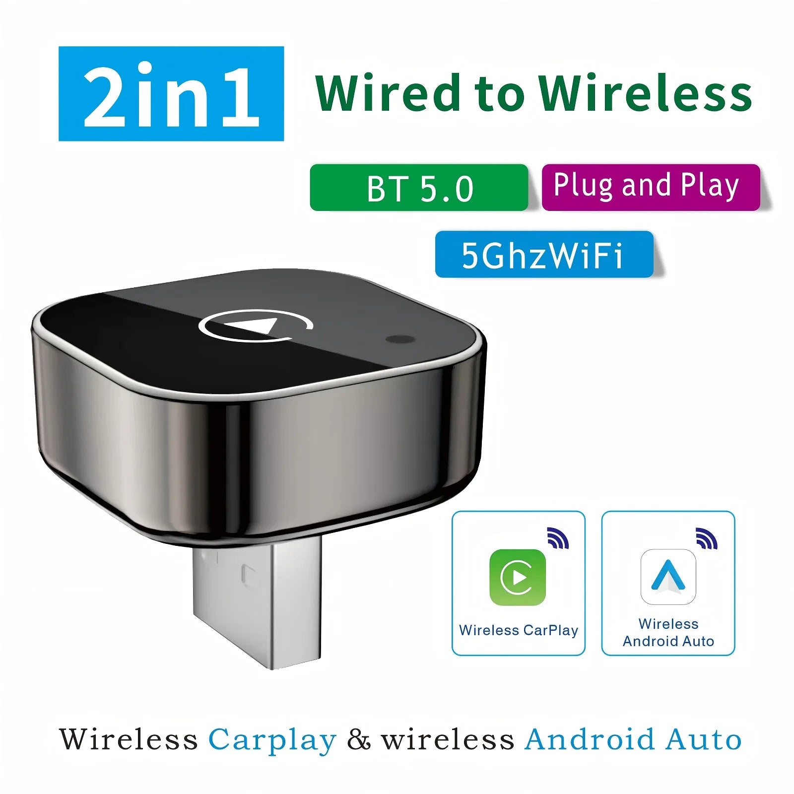 Wireless CarPlay + Android Auto USB Adapter 2-in-1 متوافق مع iPhone و Android